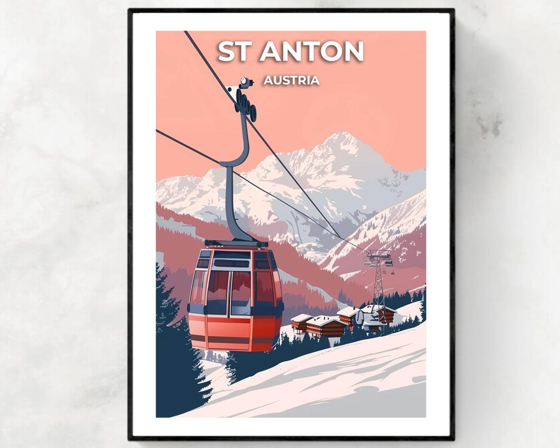 St Anton Austria Cable Car Cabin Above Alpine Village and Peaks Poster