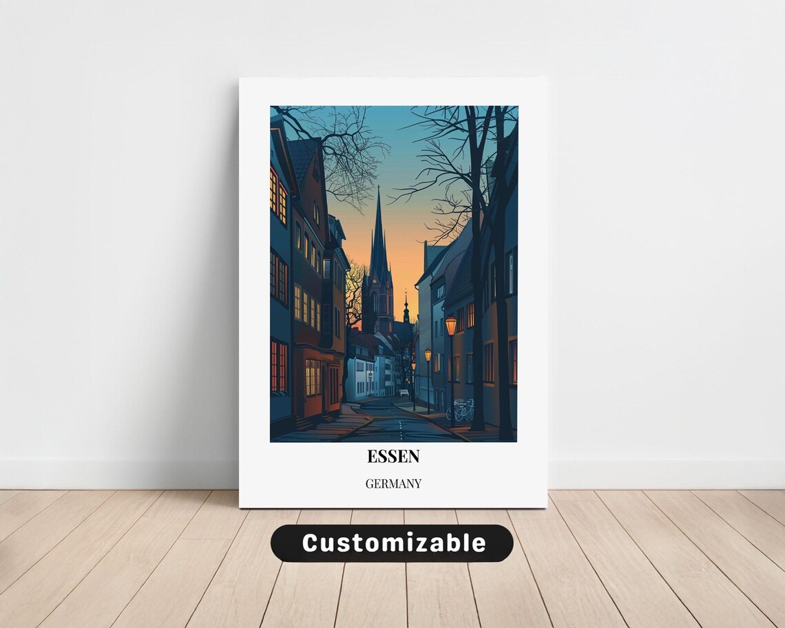 Essen Germany Old Town Church Street Dusk Light Vintage Poster