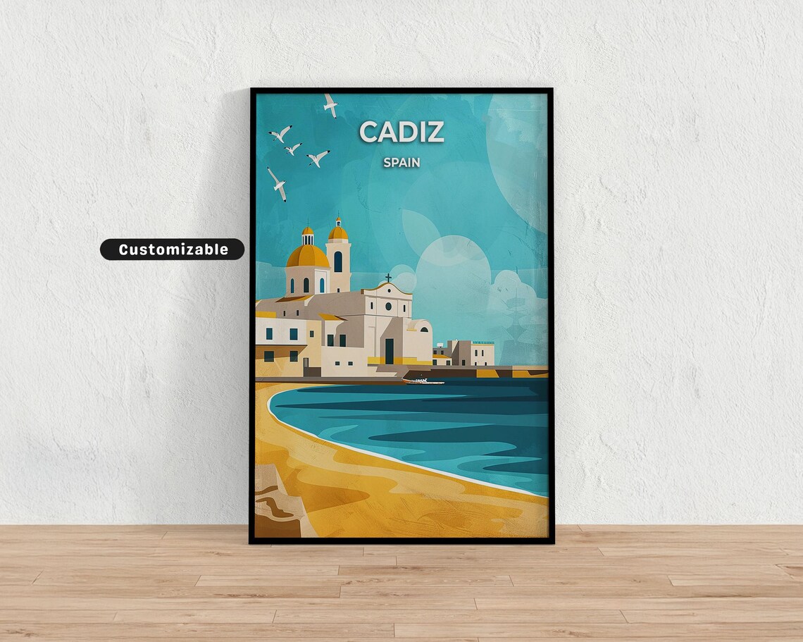 Cadiz Spain Travel Poster Vintage Coastal Cathedral By The Sea Art