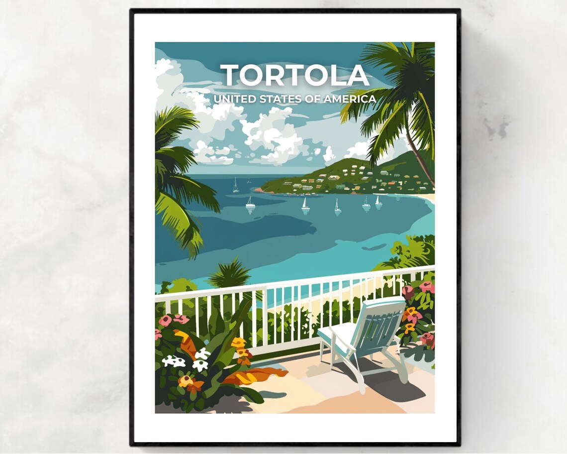 Tortola Palm Balcony Sailboat Bay Caribbean Vintage Travel Poster