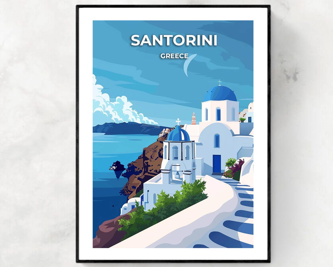 Santorini Greece Blue Domes White Church Caldera Retro Travel Poster