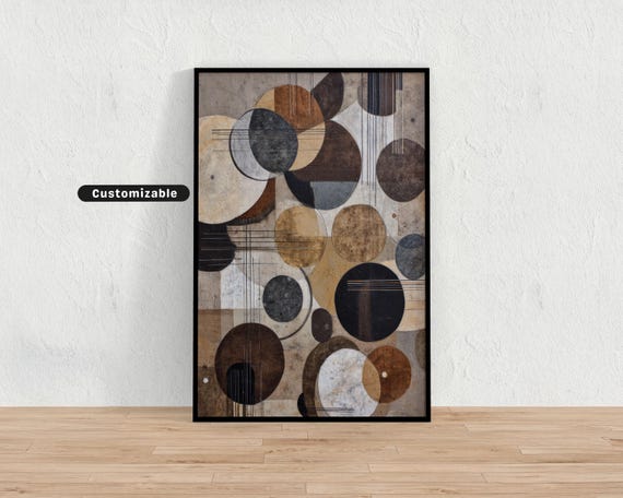 Neutral Toned Modern Abstract With Overlapping Circles And Lines Wall Art Print Minimalist Decor