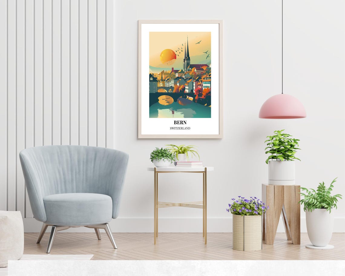 Bern Switzerland Sunset River Bridge Old Town Skyline Poster - Image 2