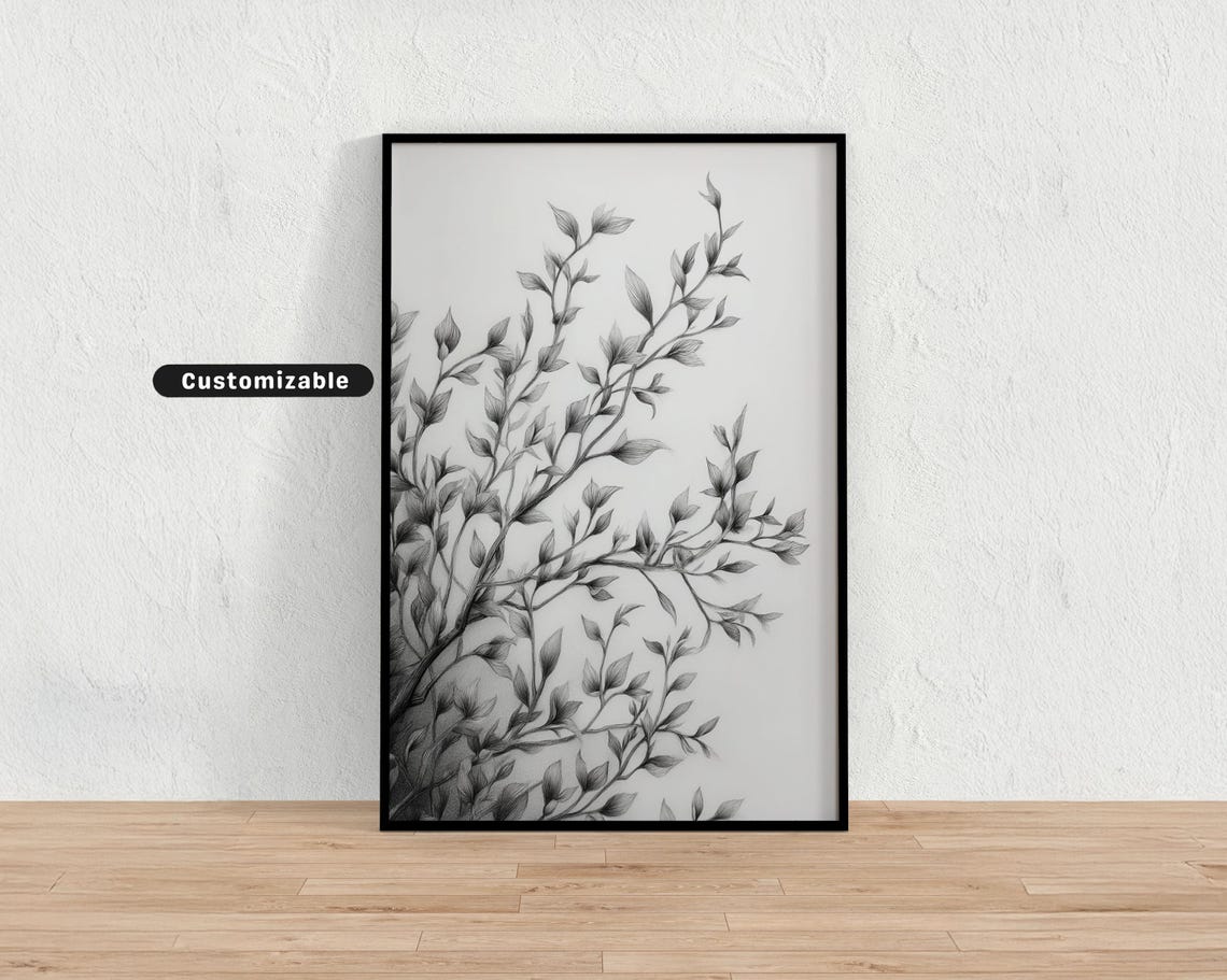 Soft Gray Pencil Leafy Branch Botanical Sketch Fine Art Poster