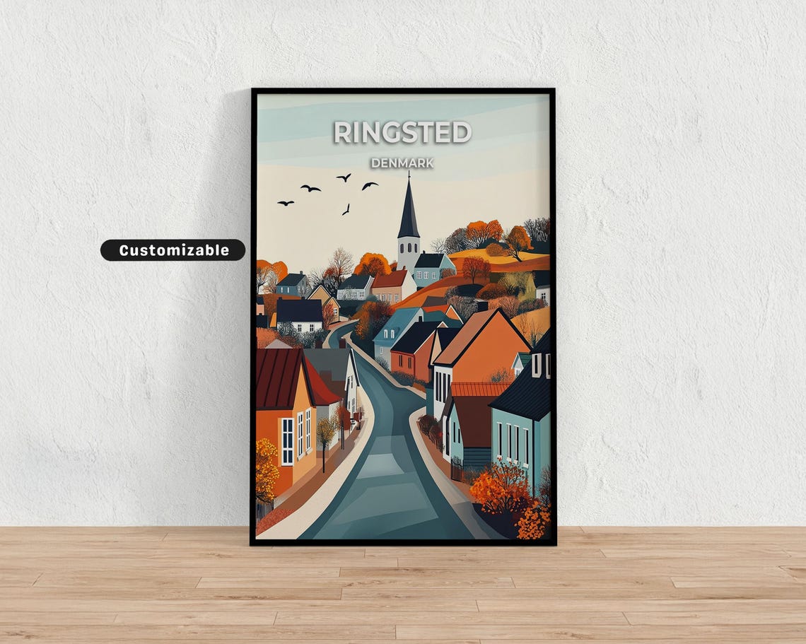 Ringsted Denmark Painted Old Town Street Church Autumn Travel Poster