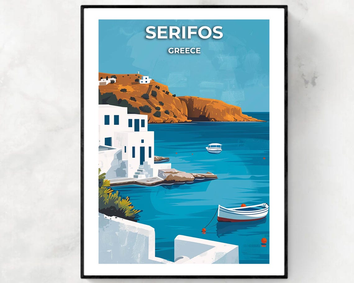 Serifos Greece Whitewashed Village Turquoise Bay Boats Travel Poster