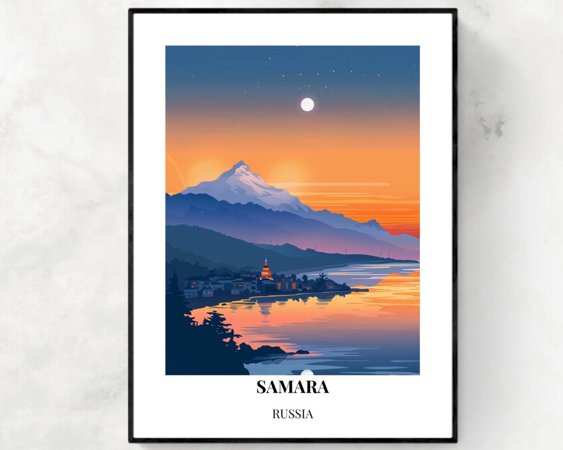 Samara Sunset Over Snowy Mountain and Riverside Town Russia Poster