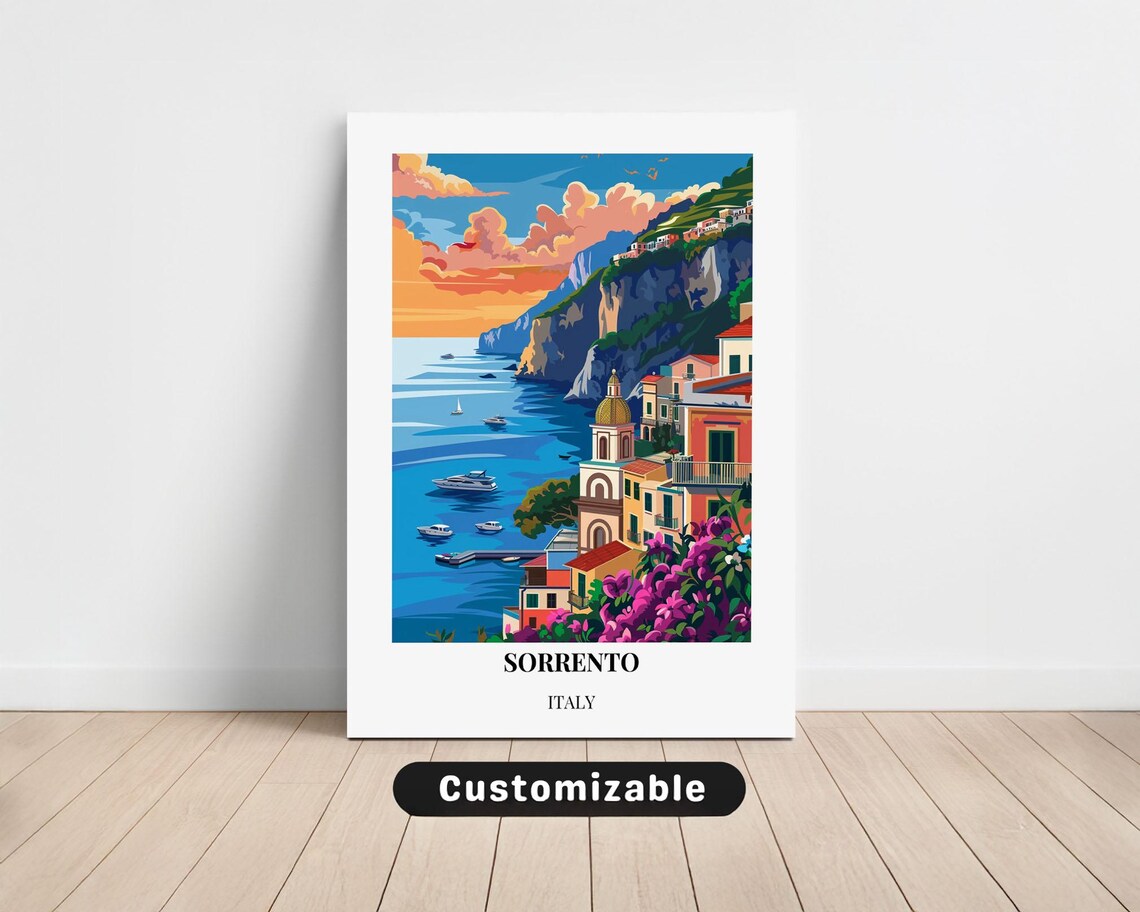 Sorrento Italy Cliffside Coastal Town Boats Vintage Travel Poster
