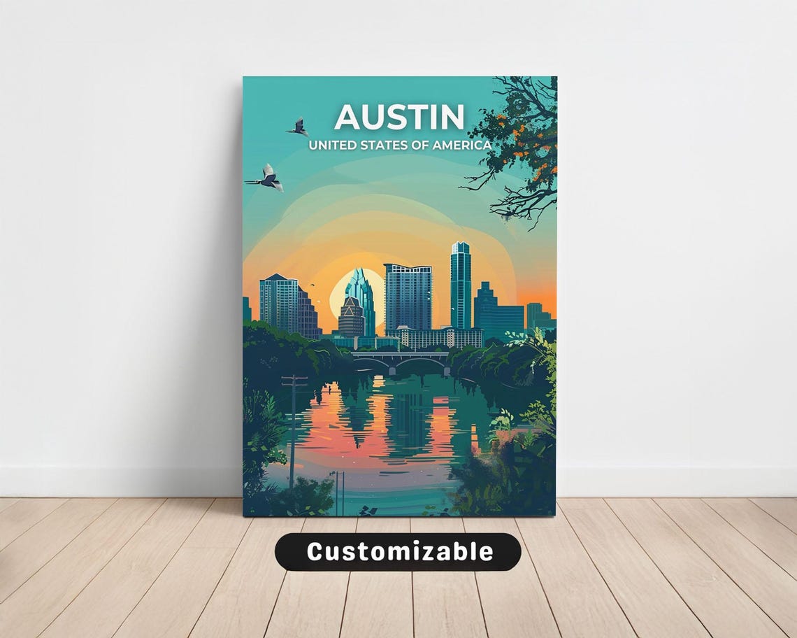 Austin Texas Skyline Sunset Lake Retro Travel City Scene Poster