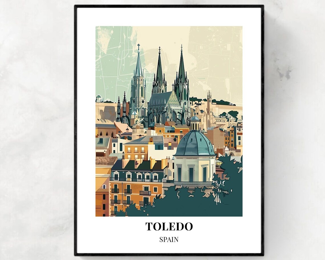 Toledo Spain Cathedral Skyline Over Old Town Travel Poster Art