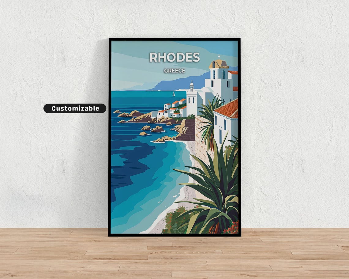 Rhodes Greece Whitewashed Church Rocky Coast Vintage Travel Poster