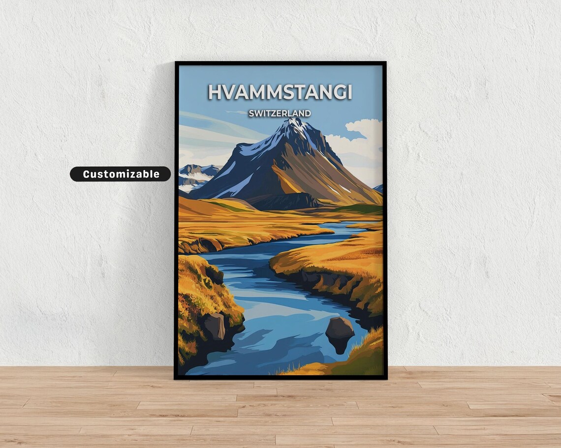 Hvammstangi Switzerland Golden River Valley Mountain Travel Poster