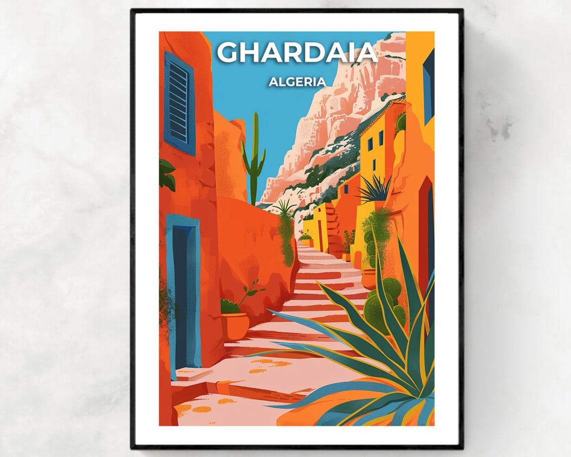 Ghardaia Algeria Sunlit Terracotta Old Town Steps Travel Poster