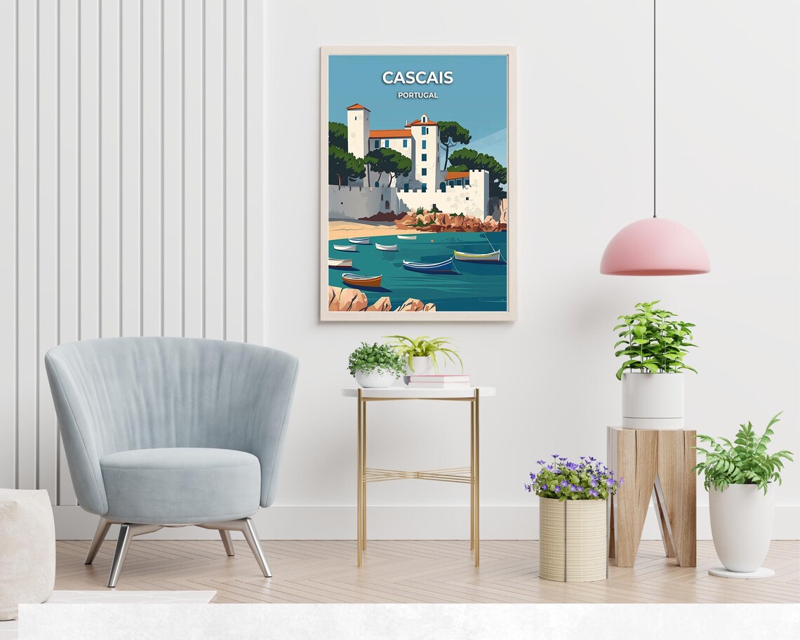 Cascais Portugal Fortress Boats and Harbor Sunset Travel Poster - Image 2