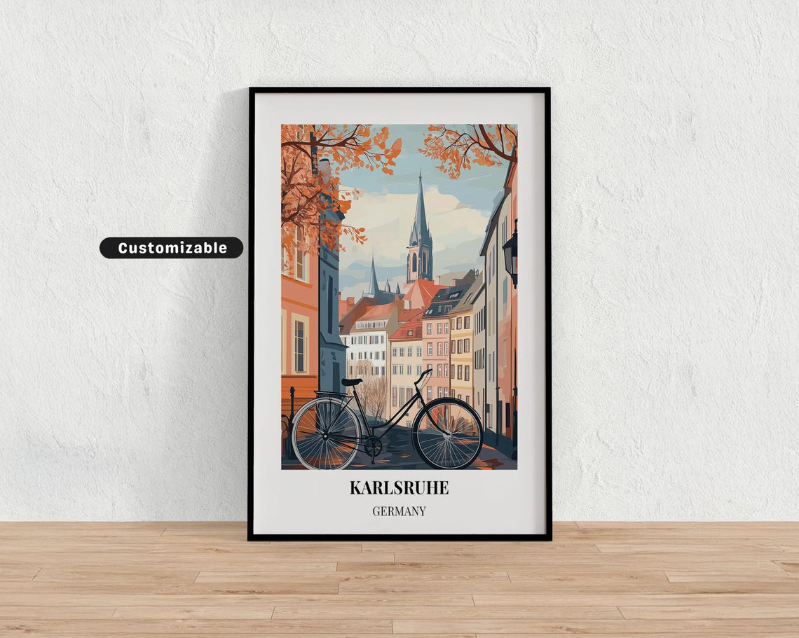 Karlsruhe Germany Bicycle Street Spires Autumn Modern Travel Poster