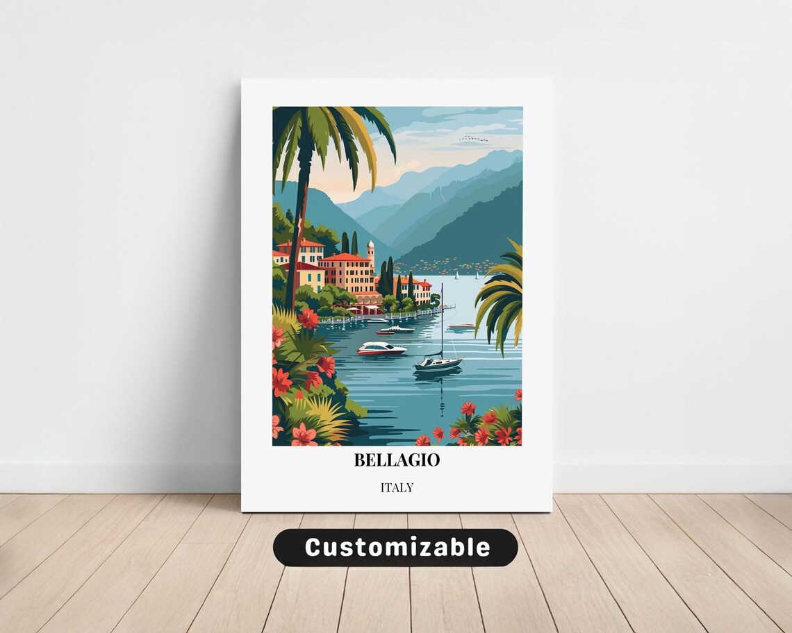 Bellagio Italy Lake Como Village Sailboats Flowers Travel Poster