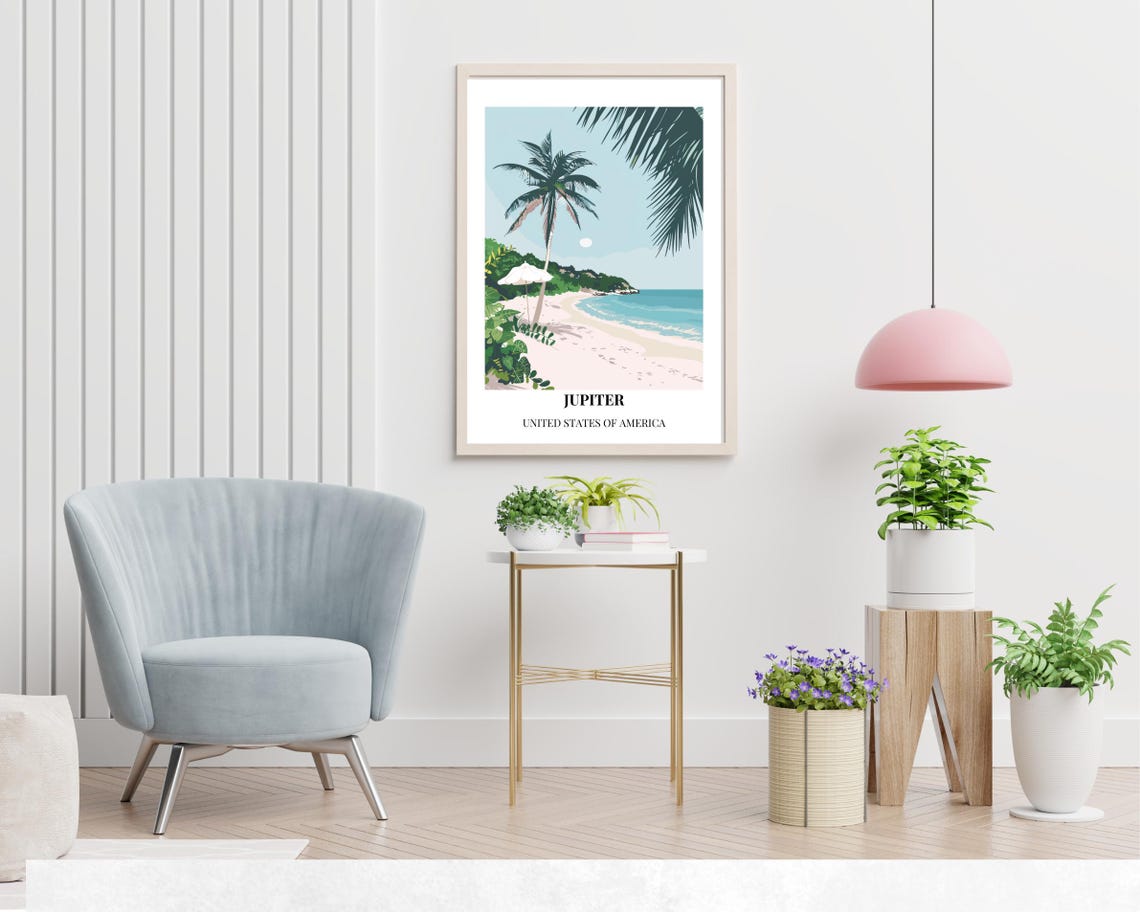 Jupiter Florida Tropical Beach Palm Tree Shoreline Travel Poster - Image 2
