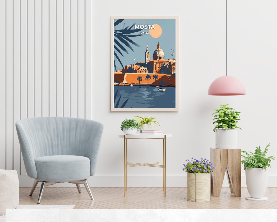 Mosta Malta Domed Basilica Harbor Sunset Palm Silhouette Poster - Image 2