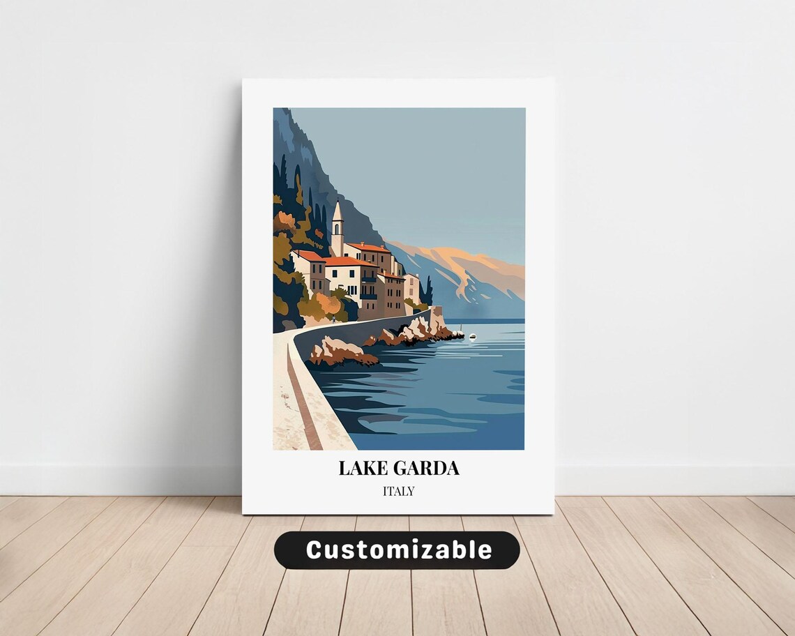 Lake Garda Italy Lakeside Village Travel Poster Mediterranean View