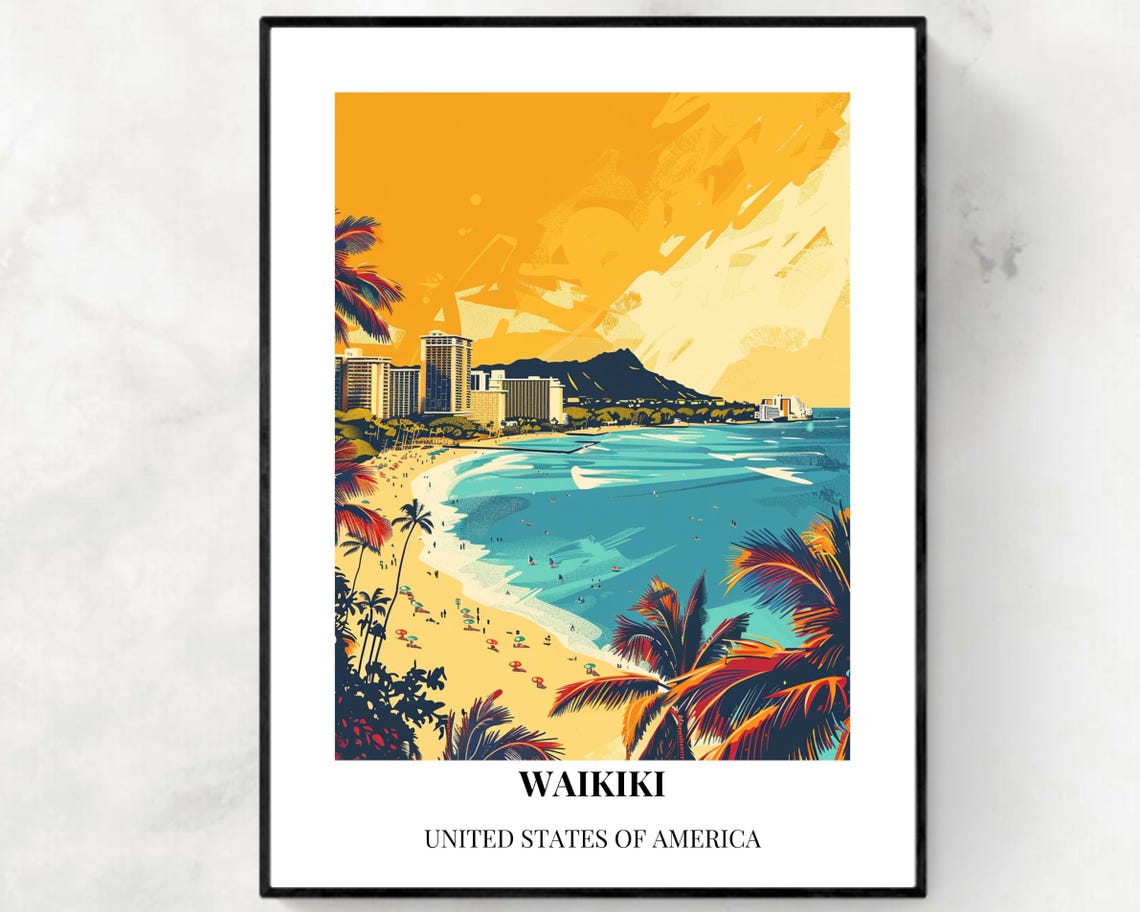 Waikiki Hawaii Diamond Head Golden Sunset Ocean Beachfront Poster
