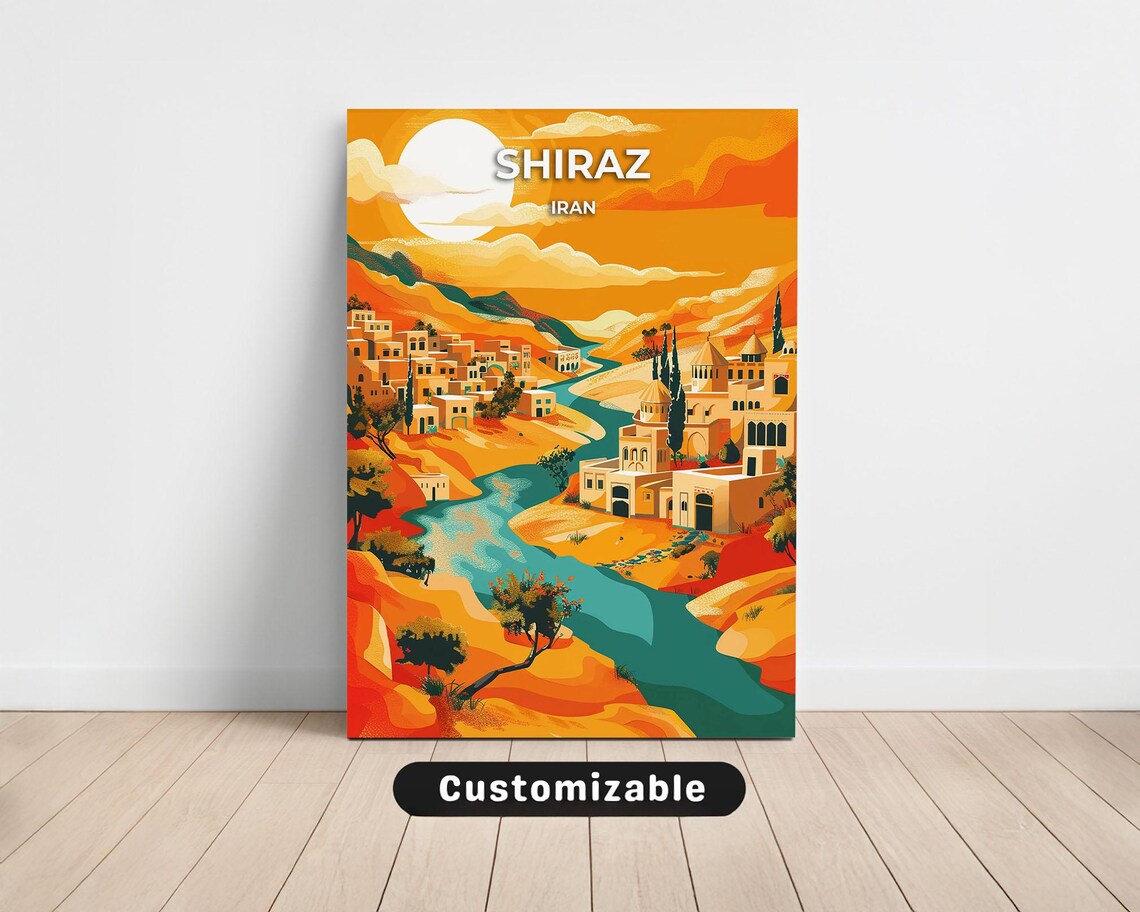 Shiraz Iran Fiery Orange River Valley Sunset Retro Travel Poster