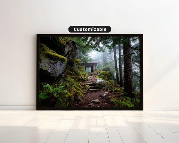 Misty Mountain Trail Leading To Ancient Cedar Shrine Japanese Wall Art Print Zen Asian Decor