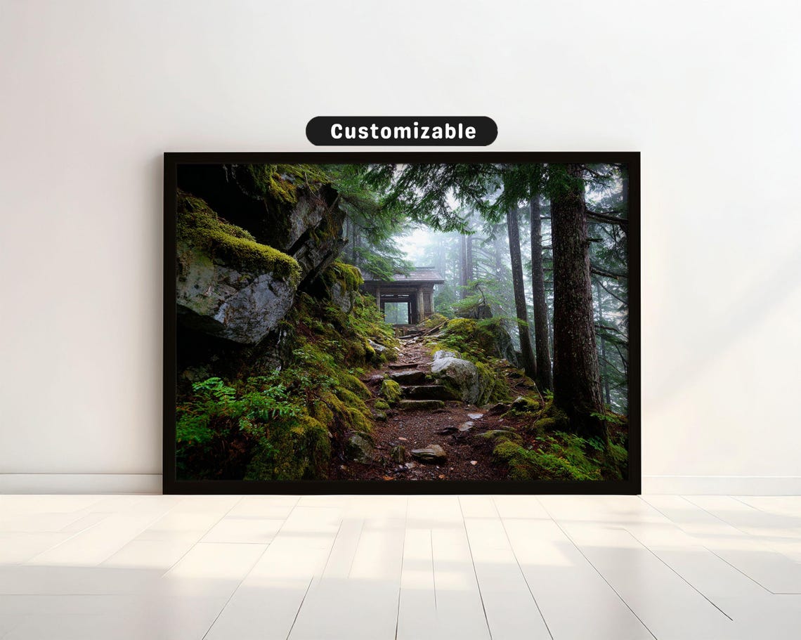 Misty Forest Trail Leading to Ancient Japanese Cedar Shrine Poster