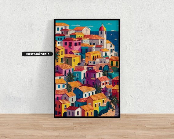 Vibrant Seaside Village With Colorful Rooftops And Coastal Landscape Mediterranean Wall Art Tropical Illustration Print Moder