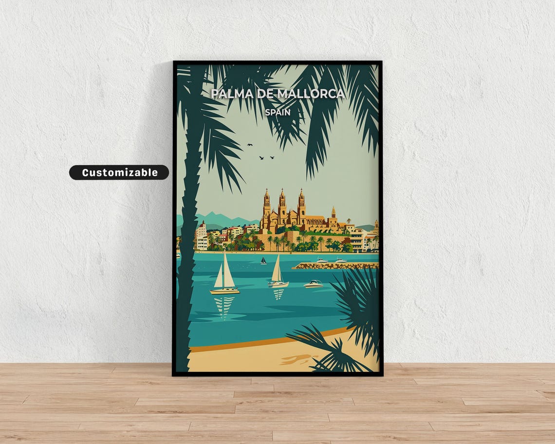 Palma de Mallorca Spain Cathedral Bay Sailboats Travel Poster