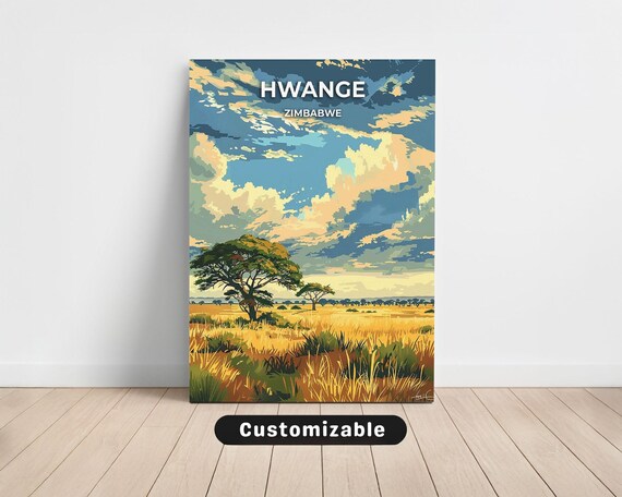 Hwange Zimbabwe Acacia Tree Golden Savanna Dramatic Sky Travel Poster