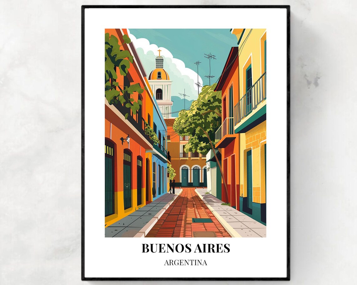 Colorful Buenos Aires Street With White Church Bell Tower Poster
