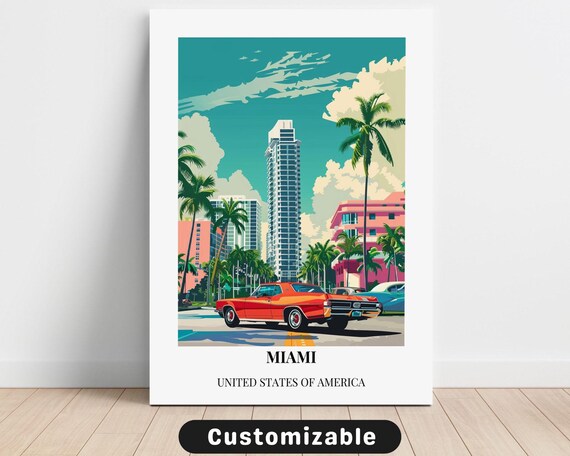 Miami Florida Vintage Car Custom Travel Poster Art Deco Style