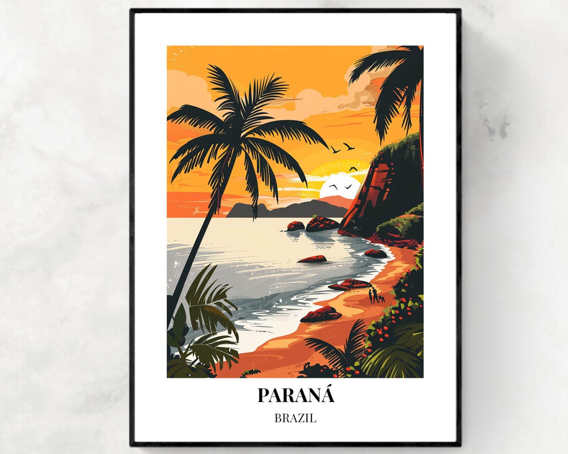 Parana Brazil Tropical Beach Sunset with Palm Trees Coastal Poster