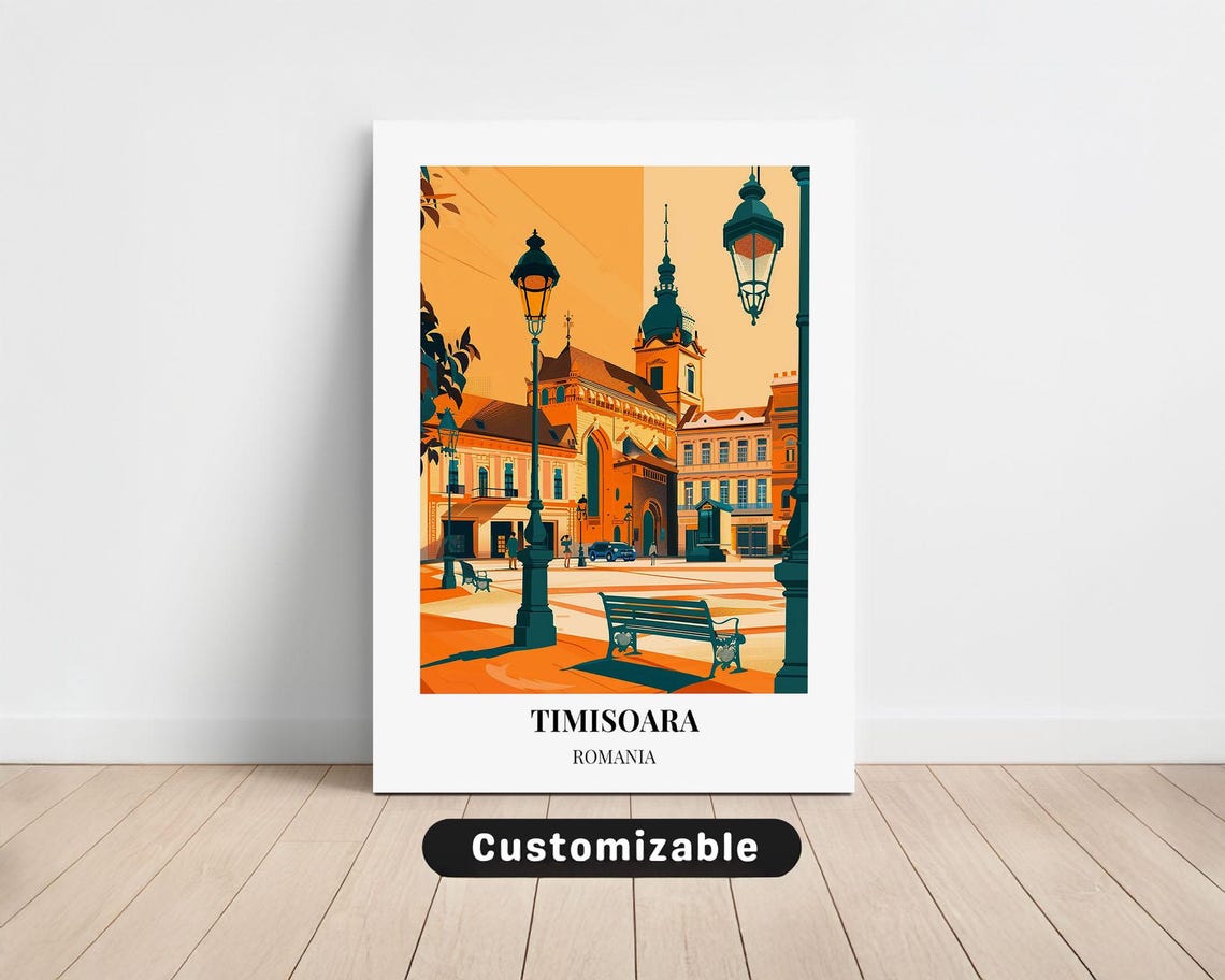Timisoara Romania Old Town Square Cathedral Vintage Travel Poster