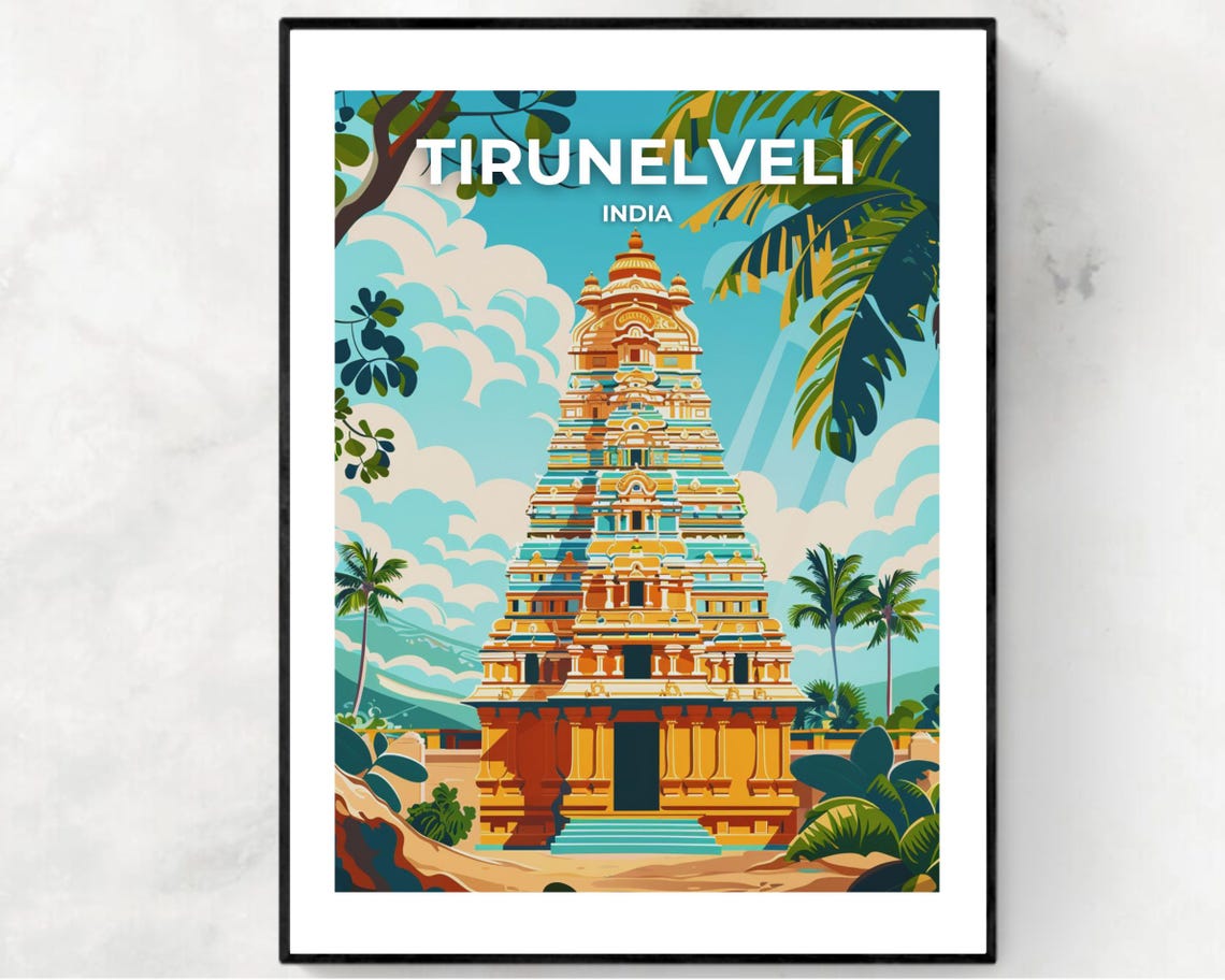 Tirunelveli India Ornate Temple Tower Palm Trees Daytime Poster