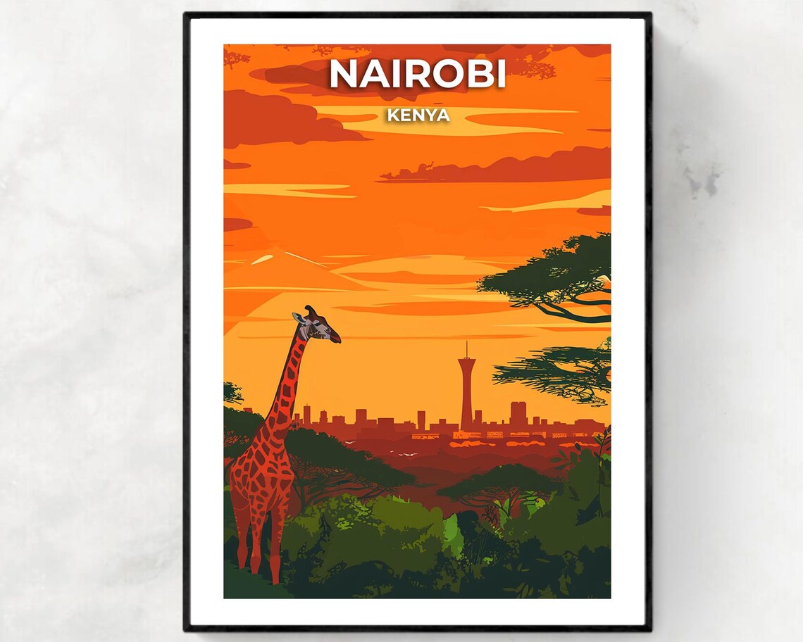 Nairobi Kenya Giraffe Sunset City Skyline Golden Hour Poster