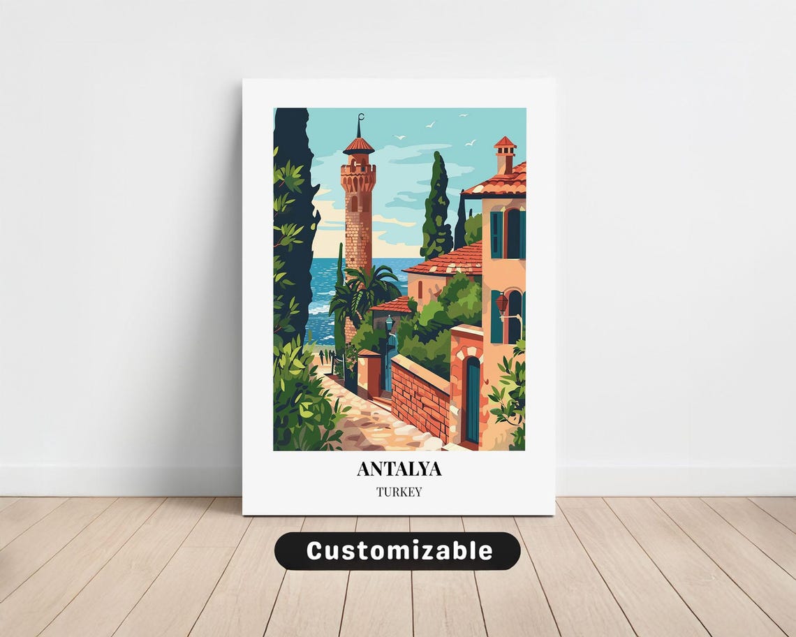 Antalya Turkey Old Town Clock Tower Street Vintage Travel Poster