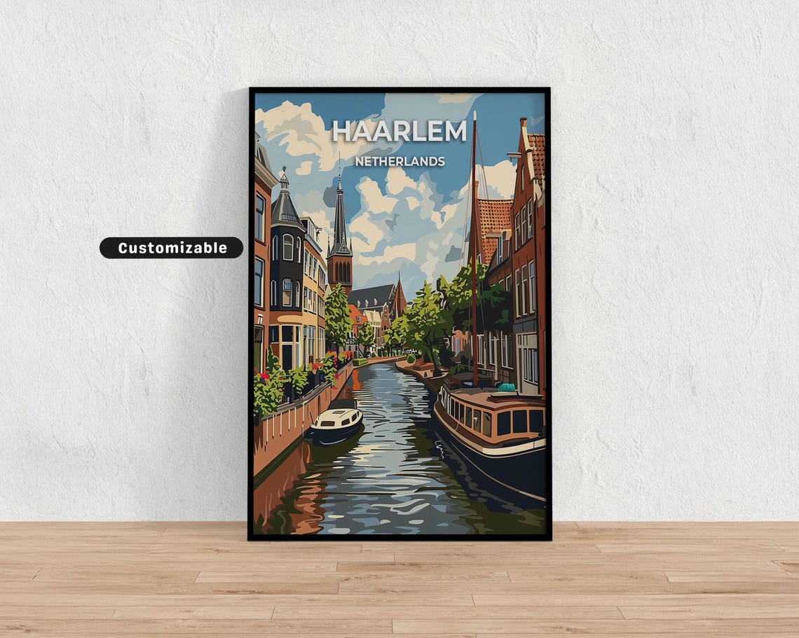 Haarlem Netherlands Canal Boats Church Tower Custom Travel Poster