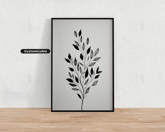 Minimalist Black And White Botanical Drawing Modern Framing Neutral Wall Art Print Decor