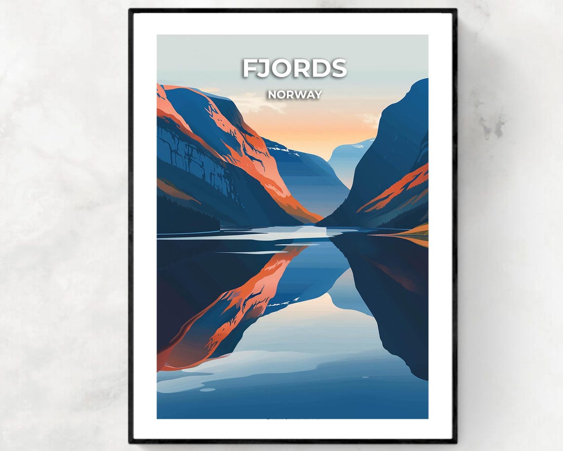 Norwegian Fjords Sunset Reflection Mountains Color Illustration Poster