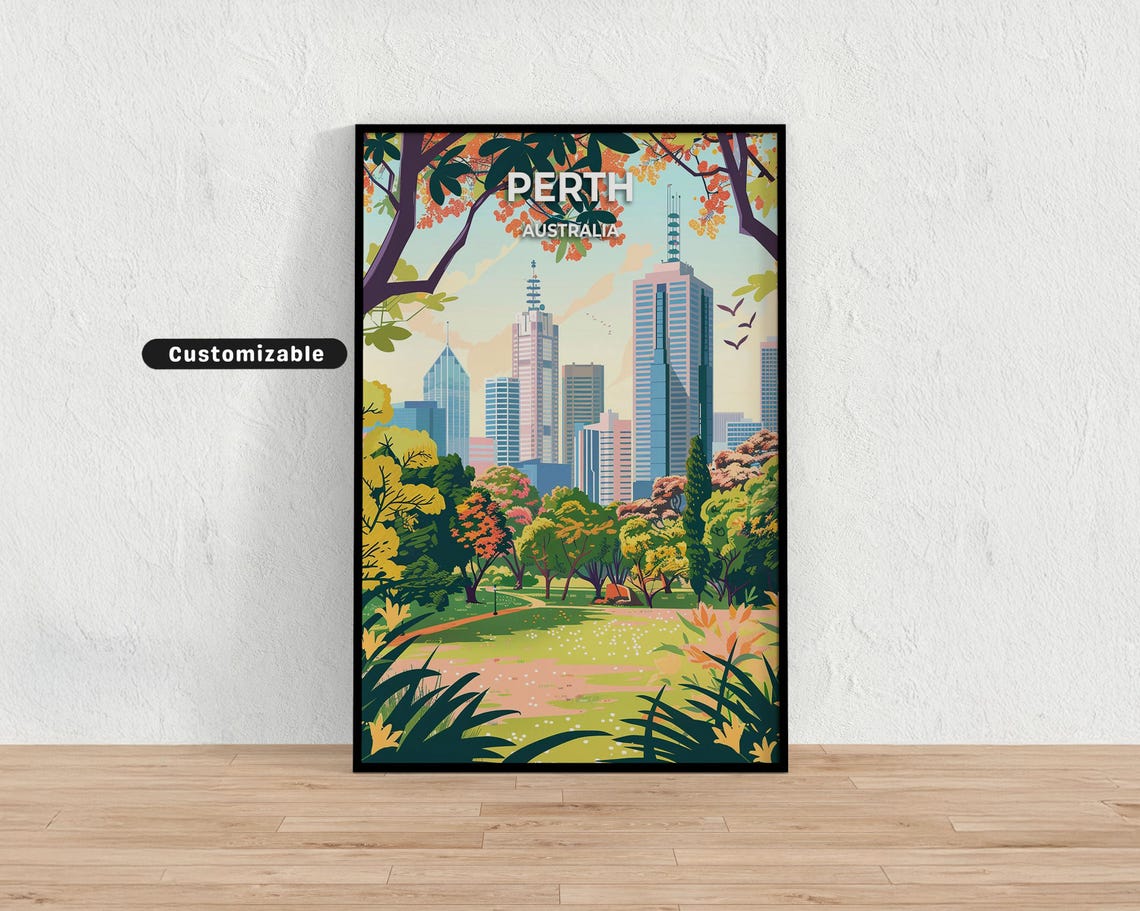 Perth Australia City Skyline Green Park Trees View Travel Poster