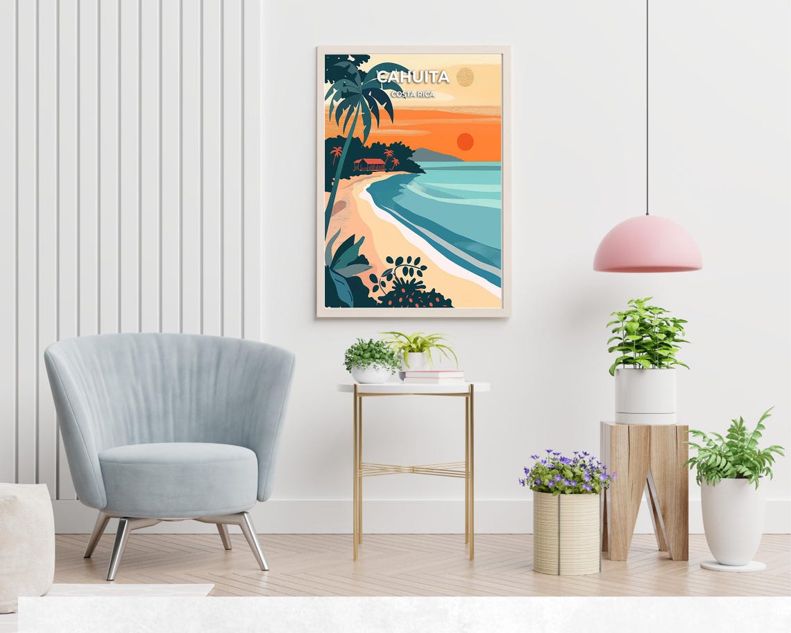 Cahuita Costa Rica Sunset Beach Poster with Palm and Beach House - Image 2