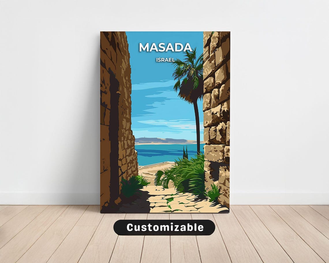 Masada Israel Vintage Travel Poster Stone Gateway With Dead Sea View