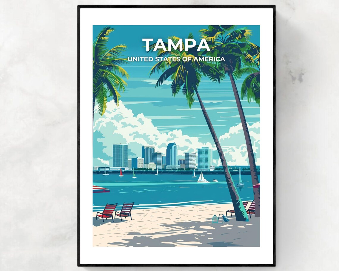 Tampa Florida Beach Palms Skyline Sailboats Top Title Travel Poster