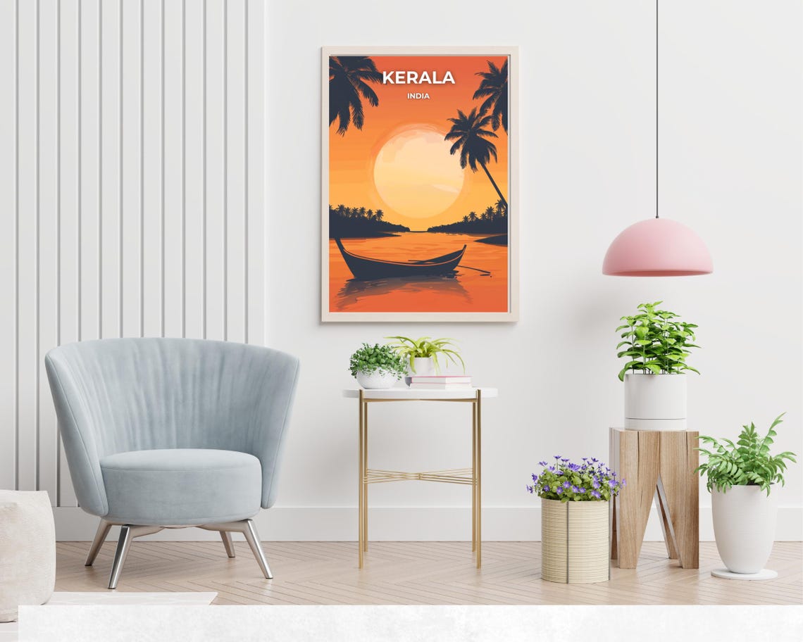 Kerala India Backwater Sunset Lone Canoe Silhouette Travel Poster - Image 2