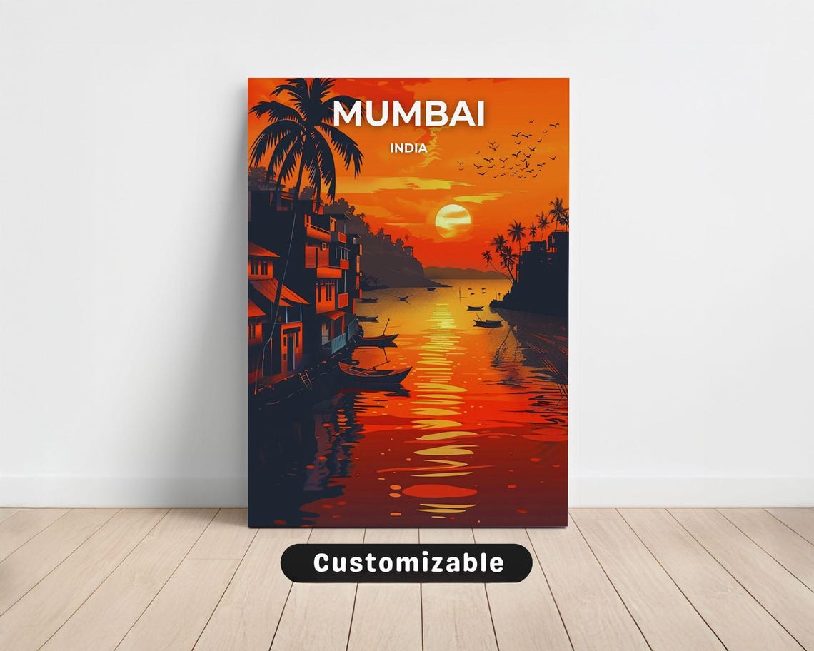 Mumbai India Sunset Harbor Fishing Boats Palm Retro Travel Poster