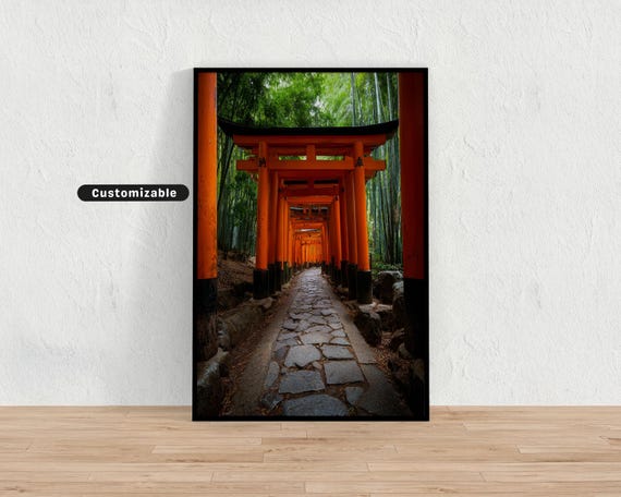 Torii Gates Lining Stone Path Through Bamboo Grove Japanese Wall Art Print Zen Asian Decor