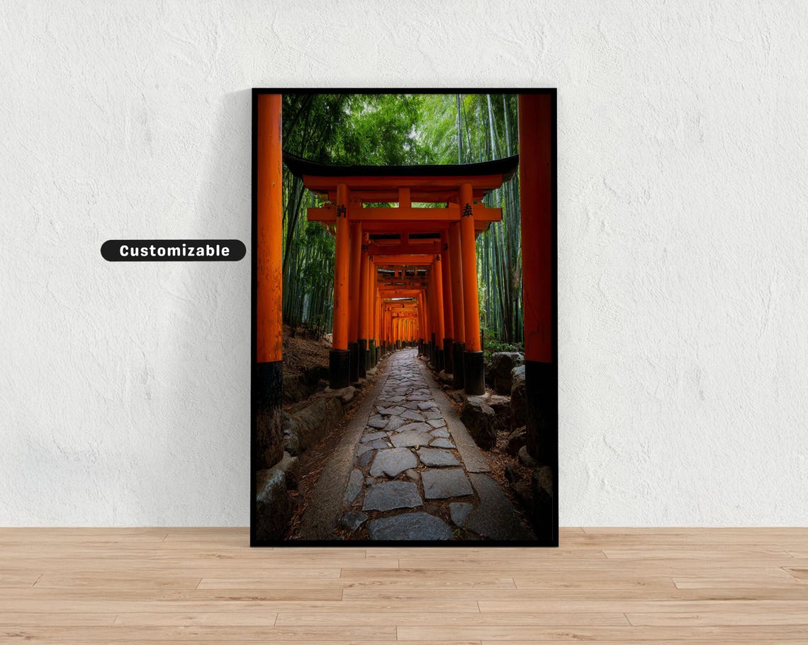 Red Torii Gates Lining Stone Path Through Bamboo Grove Poster