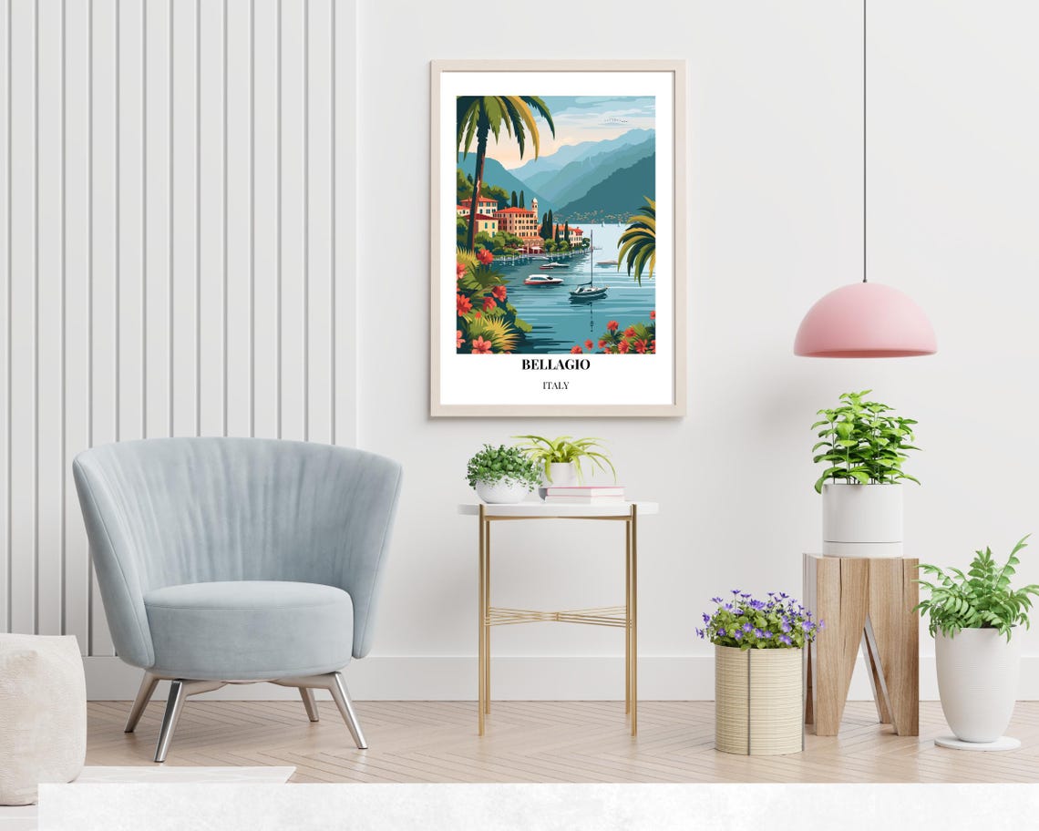 Bellagio Italy Lake Como Lakeside Harbor Boats Vintage Travel Poster - Image 2