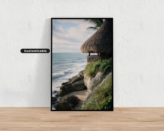Rustic Thatched Beach Hut Rocky Cliff Ocean View Photography Print